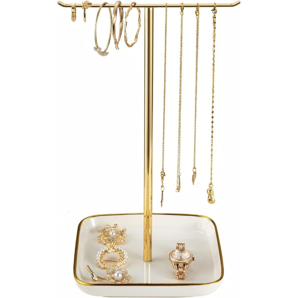 Jewelry Holder Stand with Ceramic Base: 12" Tall Necklace Organizer Rack, Tree D